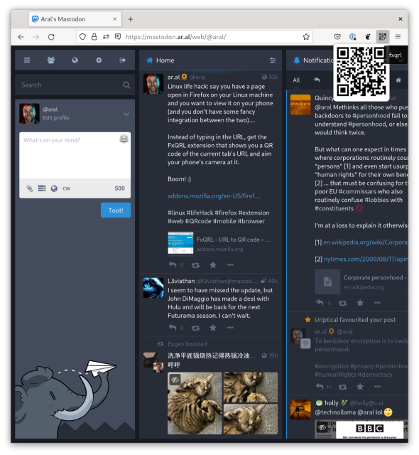 Screenshot of my Mastodon page with its QR code showing from the extension mentioned in the post.