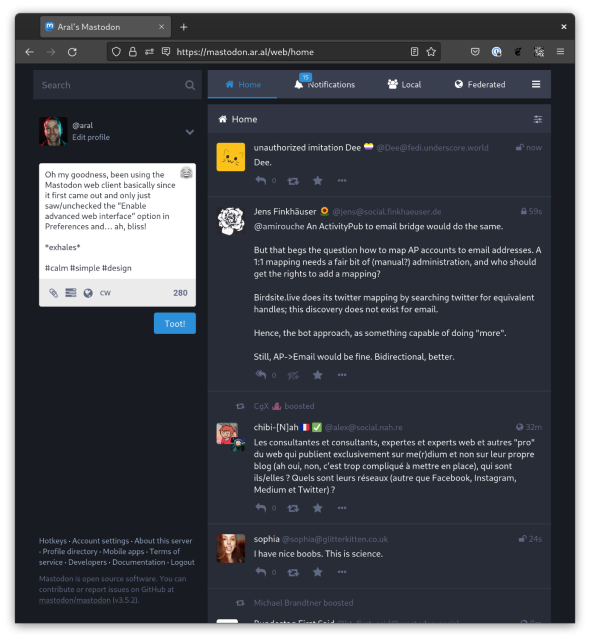 Screenshot of single-column “non-advanced?” Mastodon interface, showing the Home timeline tab (with separate tabs for Notifications, Local, and Federated timelines and a hamburger menu in the top bar).
