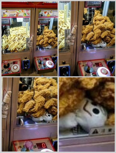 Image zooming in on a grinning stuffed animal buried under fried chickens in a arcade claw machine.