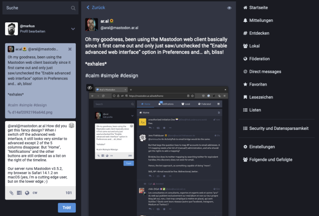 Mastodon screenshot with the advanced web ui setting turned off