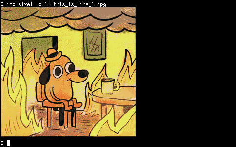 A screenshot of an XTerm window, displaying the command "img2sixel -p 16 this_is_fine_1.jpg" followed by a graphical image showing the "This is Fine" meme.