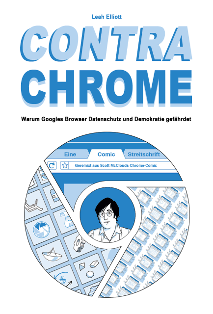 Cover of my Comic "Contra Chrome".
You can see the narrator in the middle of three panels, arranged like the logo of the Chrome browser. Inside these panels are motives from the comic: browser tabs, icons, and webpages on little feet crawling like insects.