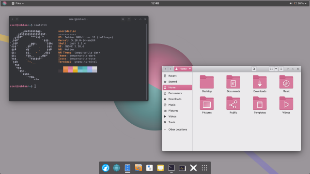 Screenshot of the GNOME desktop environment (v. 3.38), using a custom light theme, with two windows open - GNOME Terminal and Nautilus. At the bottom is a dock (Dash to Dock extension).

The wallpaper has a light gray background color. At its center is a sphere shape in two colors: one half is pink, the other blue-green. Two thick lines stretch diagonally across the screen, behind the sphere - a yellow line toward the top left screen edge, and a violet one toward the bottom right screen edge.

The top panel is floating and has a dark gray background color. The "Activities" button is replaced by an icon - the same kind of sphere shape as the one on the wallpaper. The dock is colored using the same dark gray background color as the top panel.

The terminal window is placed at the top left half of the screen. Its corners are slightly rounded, and it has a deep, dark blue-gray background color. Foreground elements are mostly bright blue-gray, but also bright pink and orange.

The Nautilus window shows the home directory. The accent color is pink, as are the folder icons. The window's background color is a soft off-white color, and the headerbar has a slight gradient.
