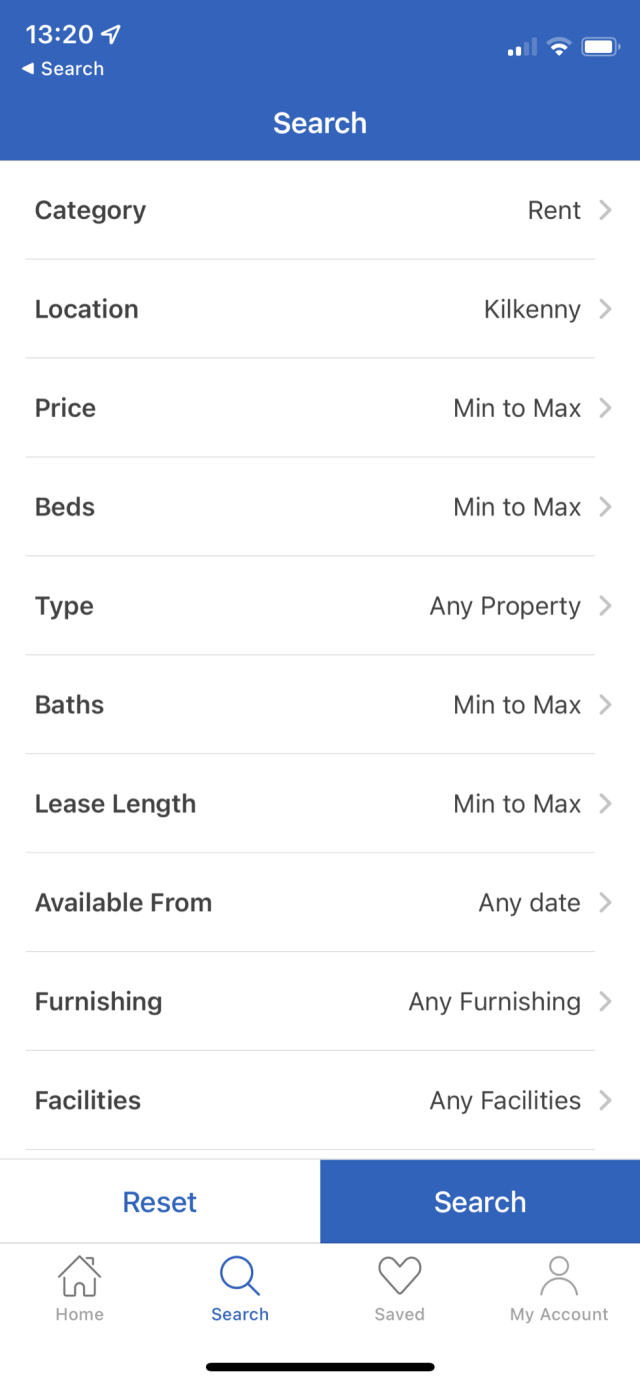 Screenshot of Daft app: a search for all rental properties in Kilkenny without any filters.
