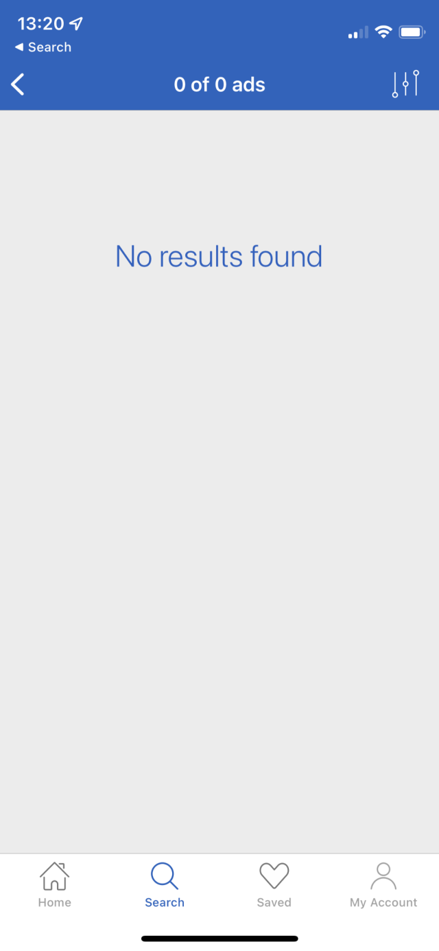 Screenshot of Daft app: no results found.
