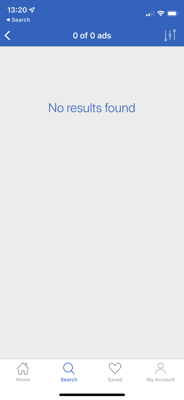 Screenshot of Daft app: no results found.