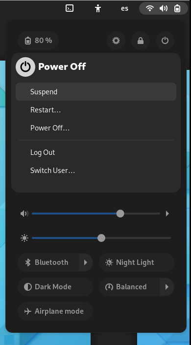 Screenshot of new system menu implementation with open power-off submenu