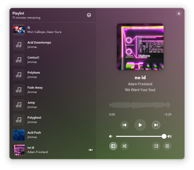 The main window of Amberol, using a dark style, in "desktop mode". The playlist is on the left hand side, and the currently playing song with the playback controls is on the right hand side