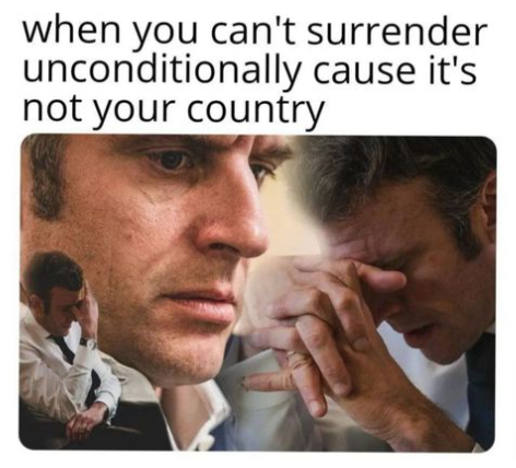 Screenshot of meme with the words in the post and a collage of photos of Emmanuel Macron looking distraught. 