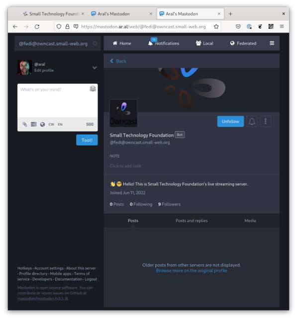 Screenshot of my Mastodon account showing the @fedi@owncast.small-web.org account’s profile page with the default Owncast logo.