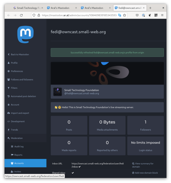 Screenshot of the @fedi@owncast.small-web.org account showing the old profile image even though the profile has been successfully refreshed accoriding to the Mastodon moderation interface.