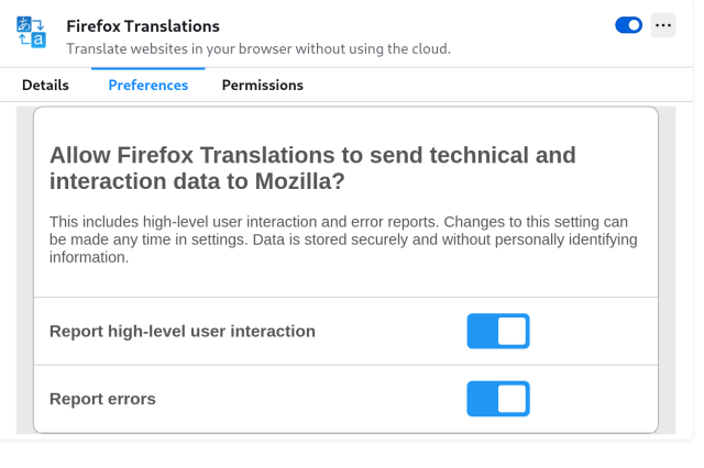 Allow Firefox Translations to send technical and interaction data to Mozilla?

This includes high-level user interaction and error reports…
