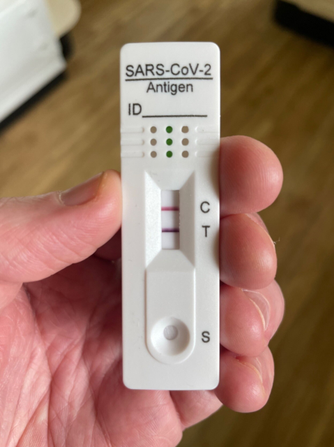 A SARS-CoV-2 antigen test shaking strong lines both at the control (C) and test (T) zones, indicating a positive result.