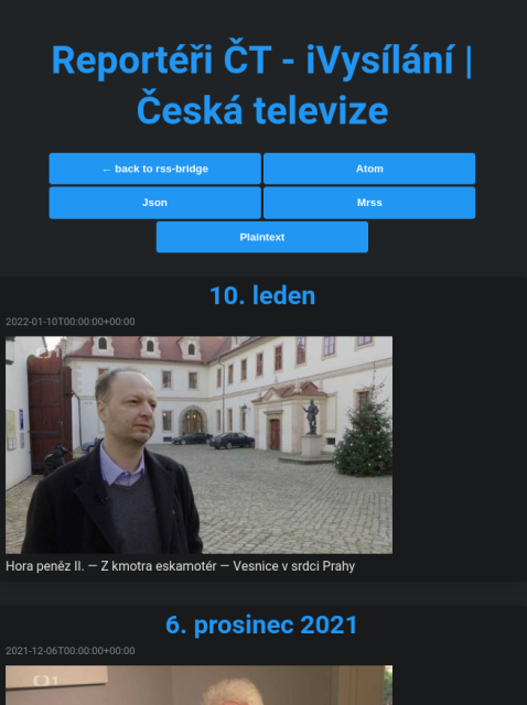 Screenshot of rss-bridge web app displaying feed of Czech TV