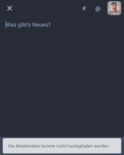 Screenshot der App Tusky mit einer Fehlermeldung, das eine Mediendatei nicht hochgeladen werden konnte.