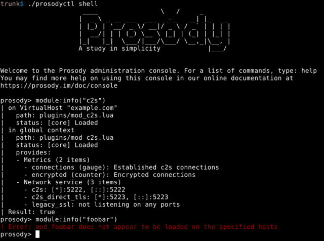 A console showing `prosodyctl shell` usage. The `module:info()` command now shows listening ports attached to a module, and errors are highlighted with a touch of red color.