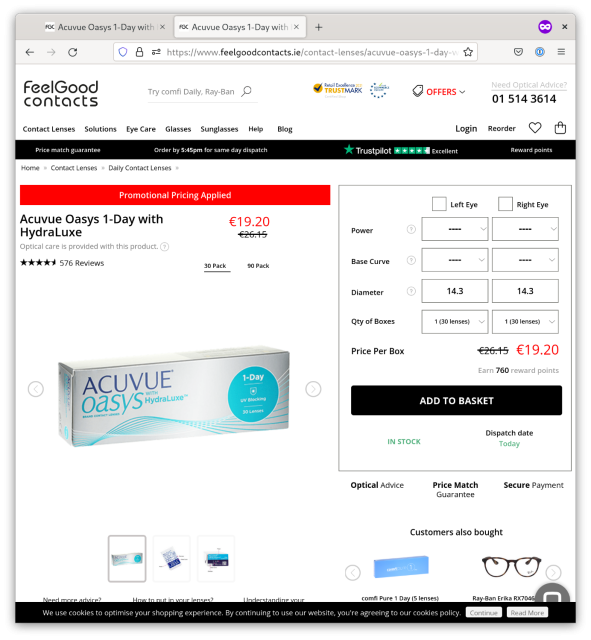 The price shown on FeelGood Contacts in an incognito browser after following a link from Google: €19.20 per 30-day box.