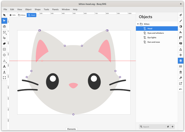 Screenshot of Boxy SVG, a vector drawing app with tools like selection, shapes, etc., on the left, icons for panels (layers, geometry, etc.) on the right and a standard app menu (File, Edit, View, etc.) on top. On the canvas is a cute minimalist illustration of a light grey kitten’s head with pink ears and nose.