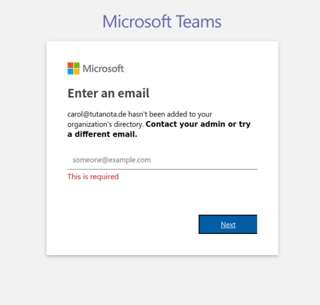 Screenshot of failed Teams registration with a tutanota.de address.