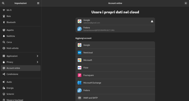 a screenshot of the "on line accounts" tab in the Gnome Settings app