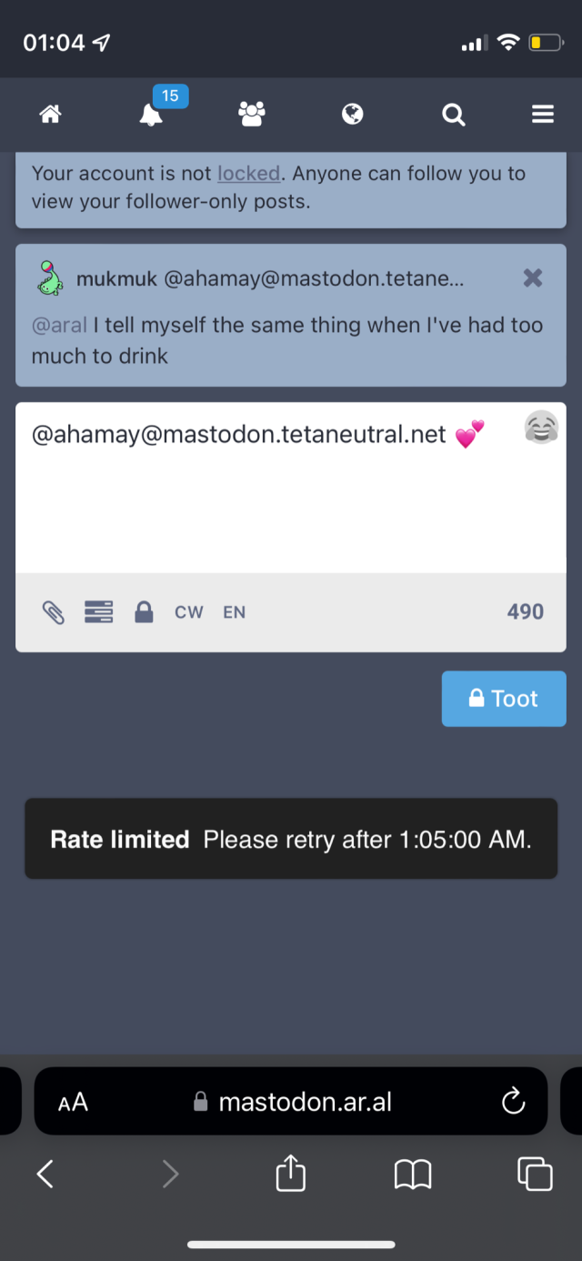 Screenshot of my own Mastodon instance telling me I’m rate limited.