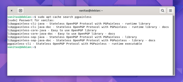 A terminal window showing the result of an APT package search for "pgpainless"
