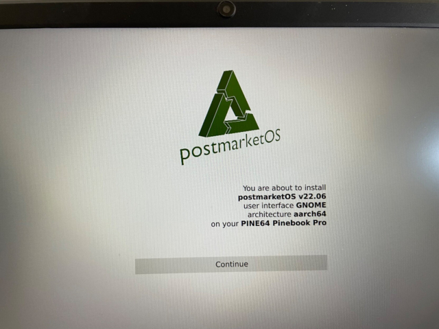 PostmarketOS welcome screen on Pinebook Pro 