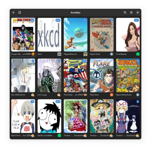 Screenshot of Komikku manga reader main overview