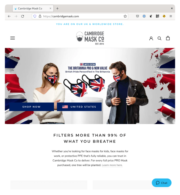 Screenshot of Cambridge Mask Co. home page showing models wearing a union jack patterned mask. Limited edition “The Britannia Pro and Non Valve: British Pride Personified in The Britannia”