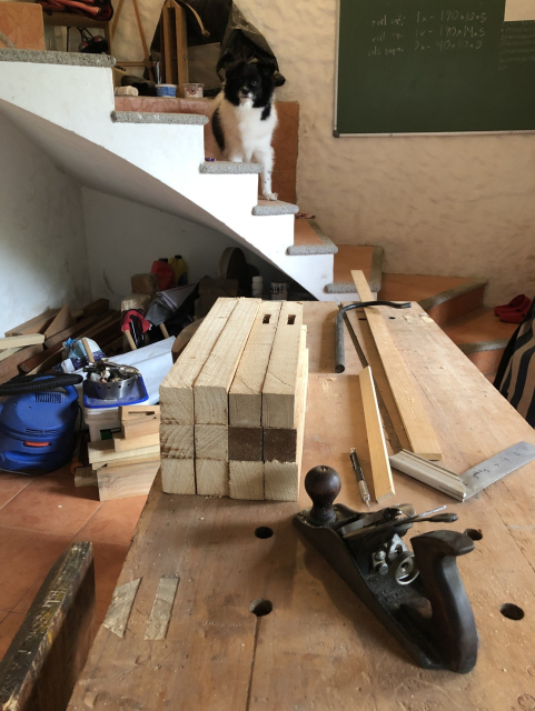 Doce tiras de madera de más o menos 40 cm por 5x5, el cepillo, y Mozzarello en la escalera.