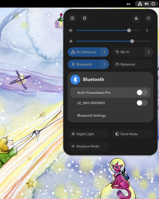Screenshot of the GNOME 43 system menu with the Bluetooth menu open and showing known devices (Aral’s Powerbeats Pro, LE_WH-1000XM3) and a link to Bluetooth Settings.