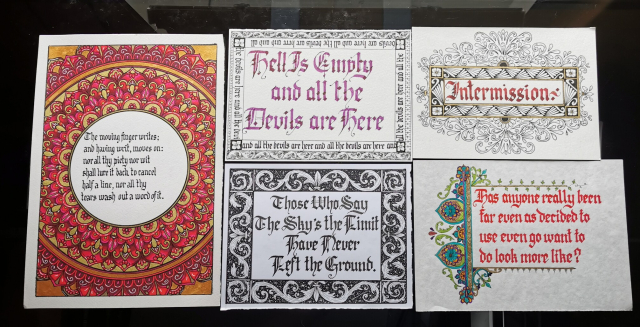 Five pieces of illuminated blackletter calligraphy 