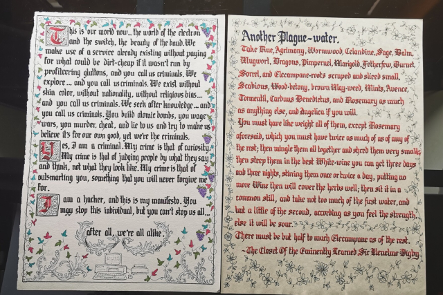 Two pages of illuminated blackletter calligraphy 