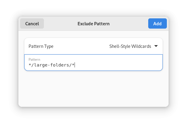 Screenshot of pika "Exclude Pattern" dialog window