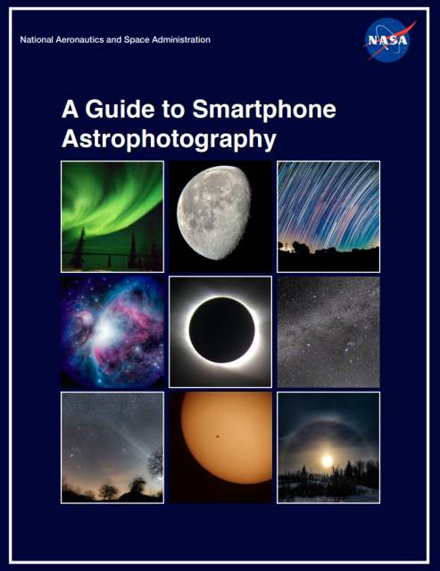 A book cover with a blue background, the NASA logo at the top right, the title in a sans serif font, and the rest of the page taken by a 3x3 grid of astronomical photos.
