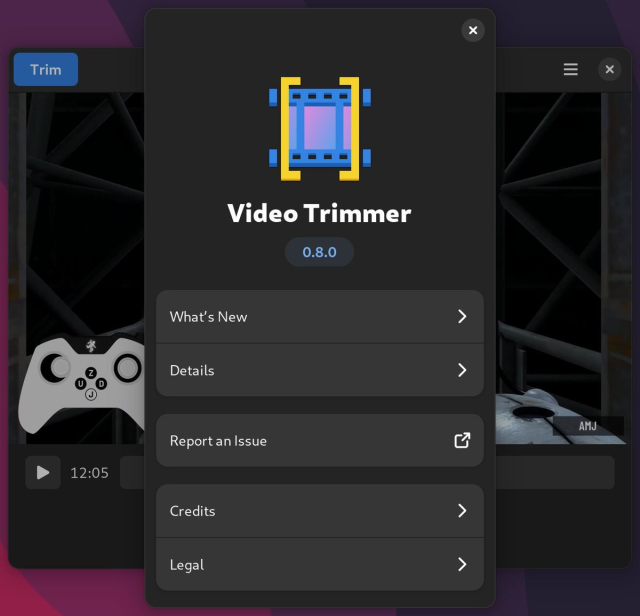Screenshot of video trimmer showing about dialog
