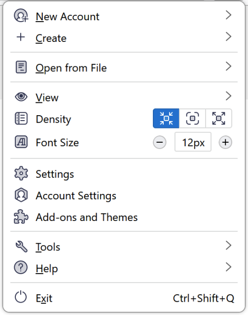 Thunderbird Supernova (version 115) App Menu, available to test in Daily channels. 