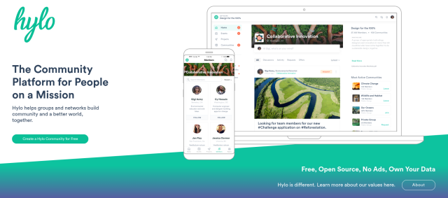 The homescreen for 'Hylo', with some screen grabs of the interface, and text:

"The community platform for people on a mission. Hylo helps groups and networks build community and a better world, together"
