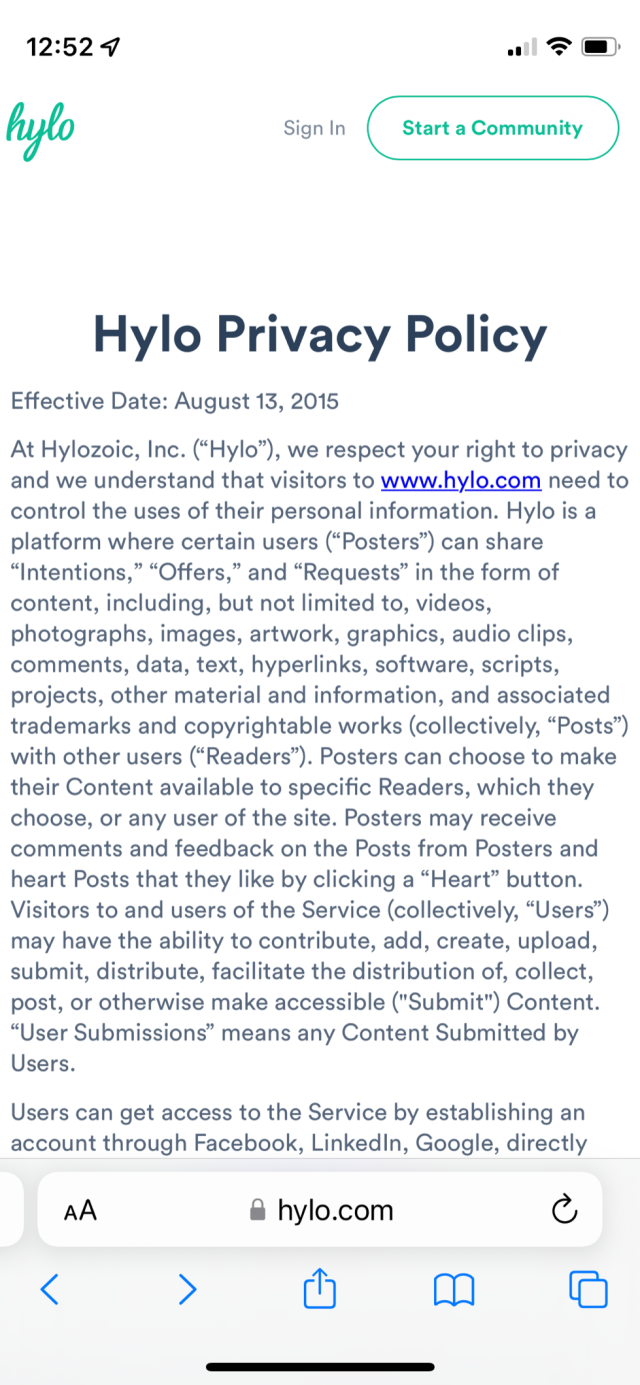 Hylo terms of service/privacy policy showing their company name Hylozoic, Inc.
