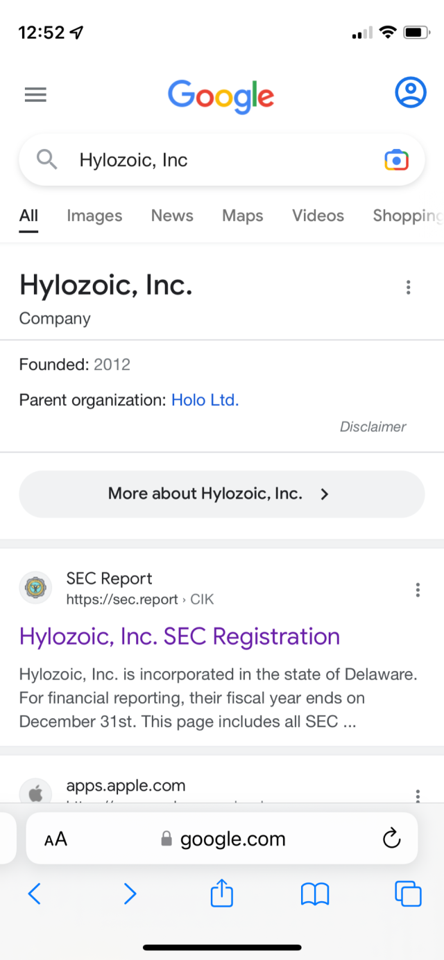 Hylozoic, Inc. parent company is Holo, Ltd., according to Google.