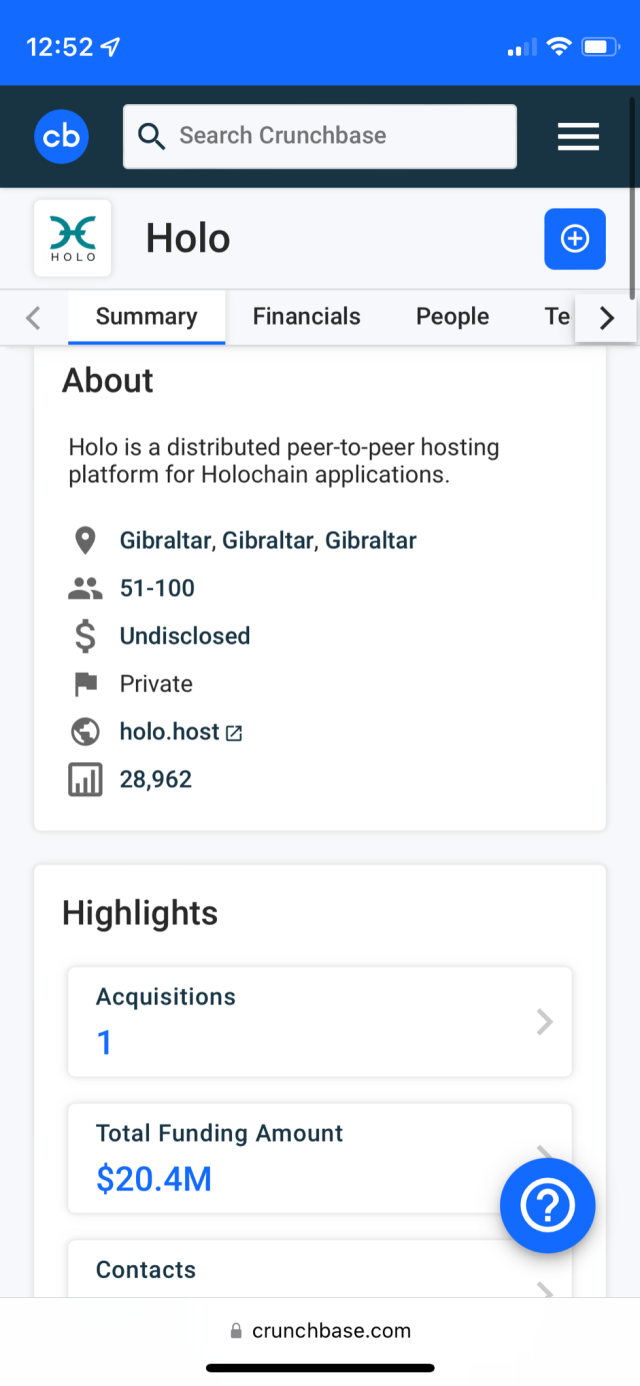 Holo Ltd listing on crunch base.