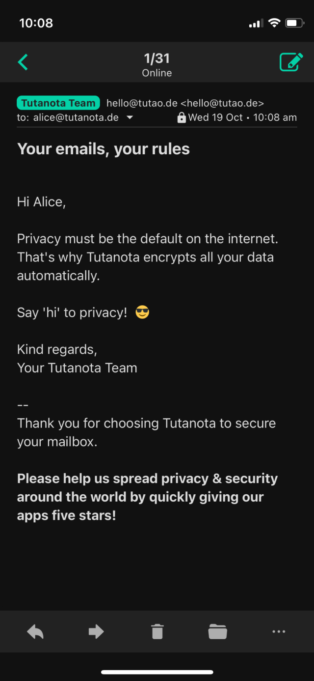 Screenshot of Tutanota in iOS