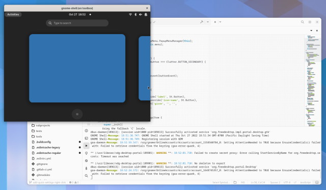 Screenshot of GNOME Builder running GNOME Shell in nested mode.