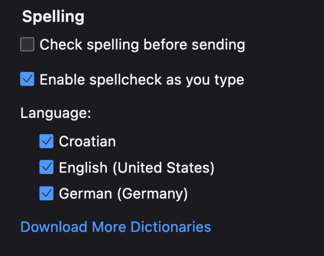 Screenshot of Thunderbird 102 Spelling options, showing active dictionaries for Croatian, English and German. 