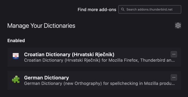 Screenshot of Thunderbird 102 showing add-ons for Croatian and German language dictionaries. 
