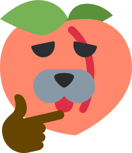 peach emoji with dog's snout and tongue sticking out with eyelids half closed with hand on chin