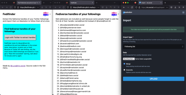 Screenshot of three browser windows. The first one shows the fedifinder before logging in. Short description and login button. The second one is a list of found handles. The third one the settings screen of Mastodon where the followings can be imported.