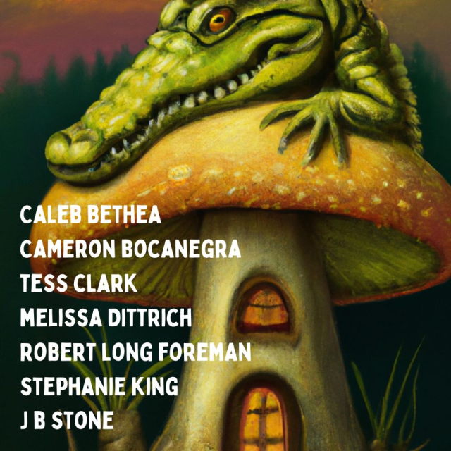 An alligator perches menacingly on top of a mushroom house. The caption says: stories by Caleb Bethea, Cameron Bocanegra, Tess Clark, Melissa Dittrich, Robert Long Foreman, Stephanie King, and J.B. Stone
