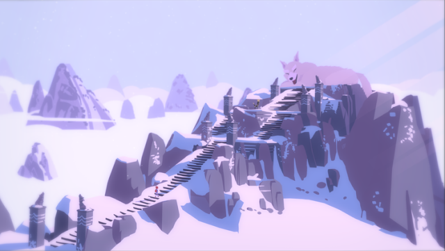 A giant wolf slumbers on the peak of a mountain above the clouds.(screenshot from our game Röki)