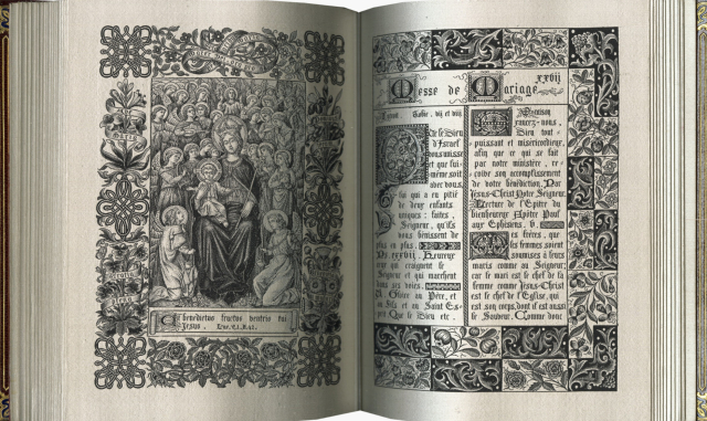 Picture of the book in question: Two pages in the style of a medieval manuscript, entierly in grayscale. Without zooming in, it's not obvious that the book is woven at all.